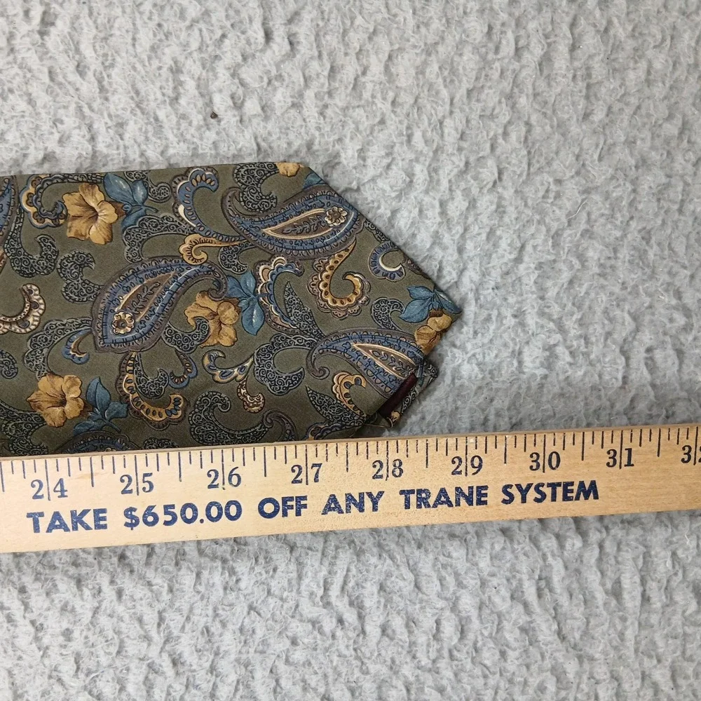 Halston Silk Neck Tie Mens‎ Paisley Floral Olive Blue Classic Luxury
